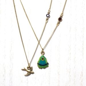 Lucky Brand Gold Tone Bird & Multi Colored Peacock Feather Pendant Necklace Set